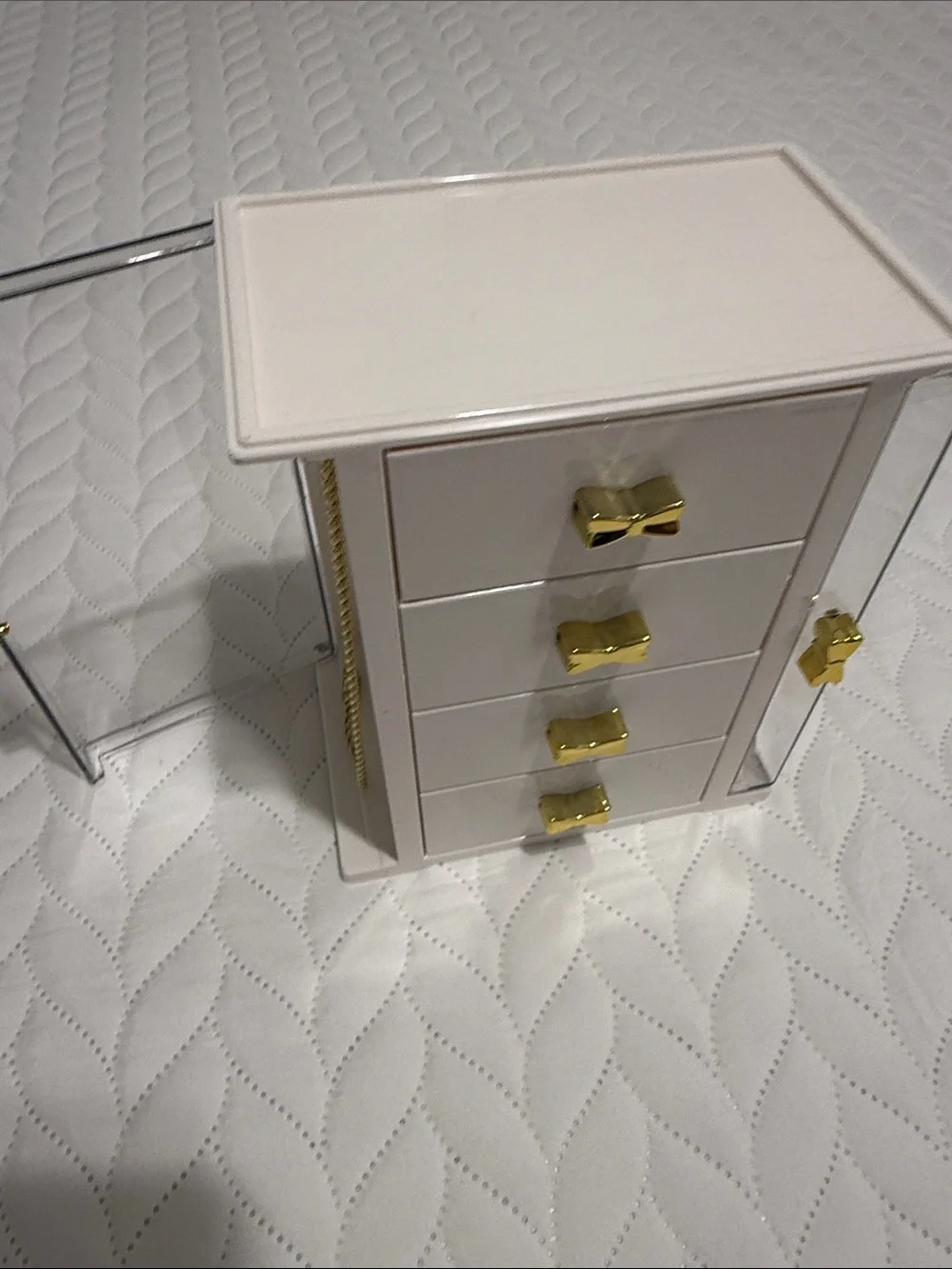 White and Gold Jewelry Organizer with Bow Drawer Pulls